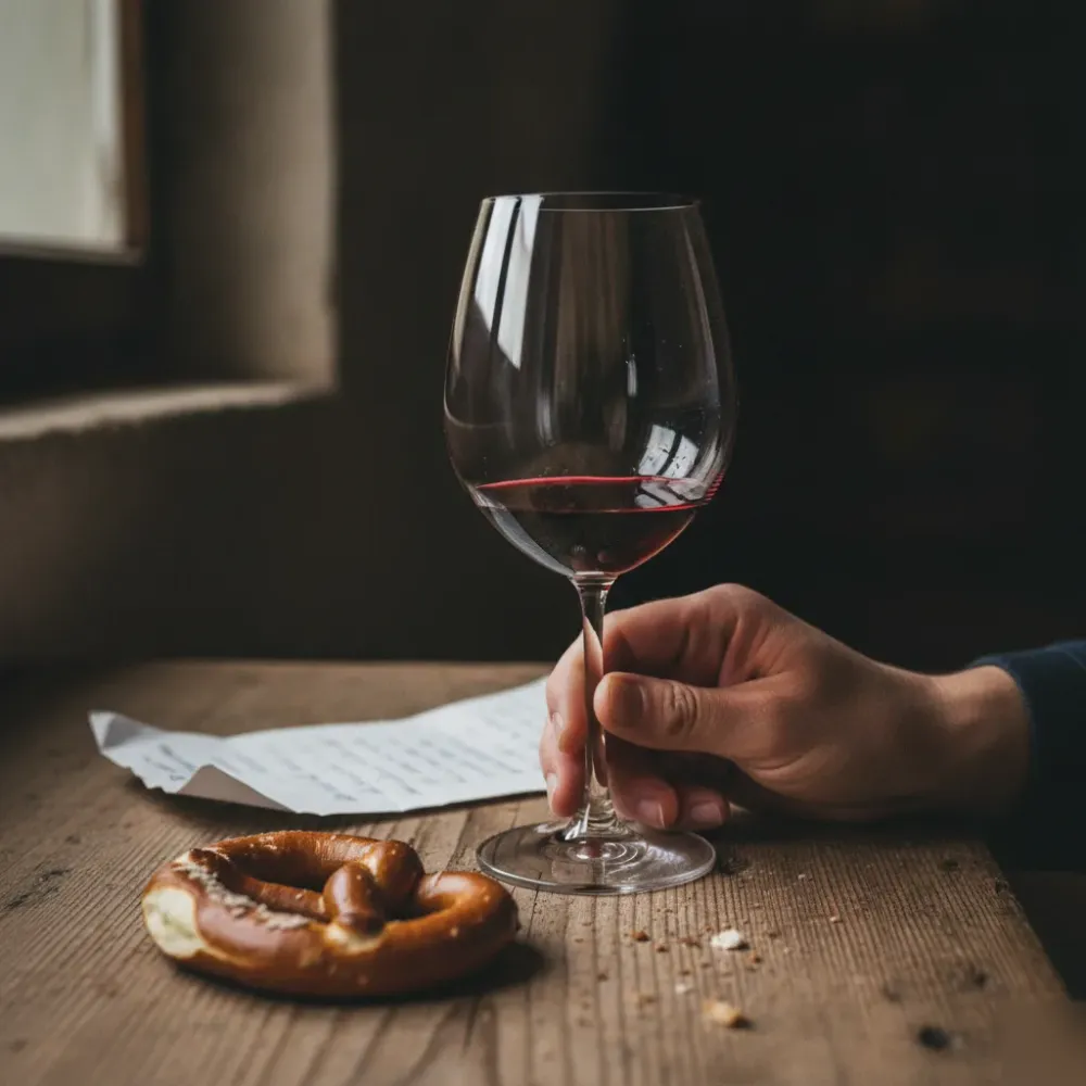 Rotweinglas geschwenkt Holztisch Besenwirtschaft Remshalden Weinkellerei Detail