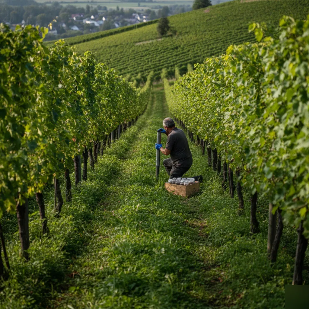 Winzer entnimmt Bodenprobe im Bioweinberg Remshalden Remstal