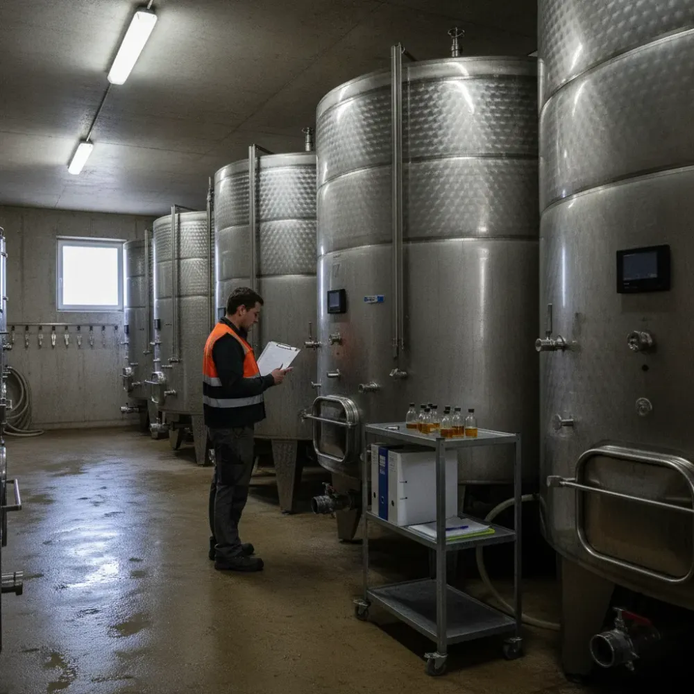 Winzer liest Tankdisplay im Weinkeller Remshalden mit Zertifizierungsunterlagen