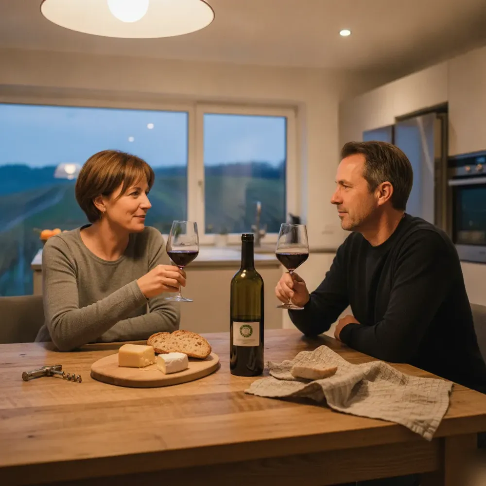 Zwei Personen verkosten Biowein zuhause in Remshalden mit Blick auf Weinberge