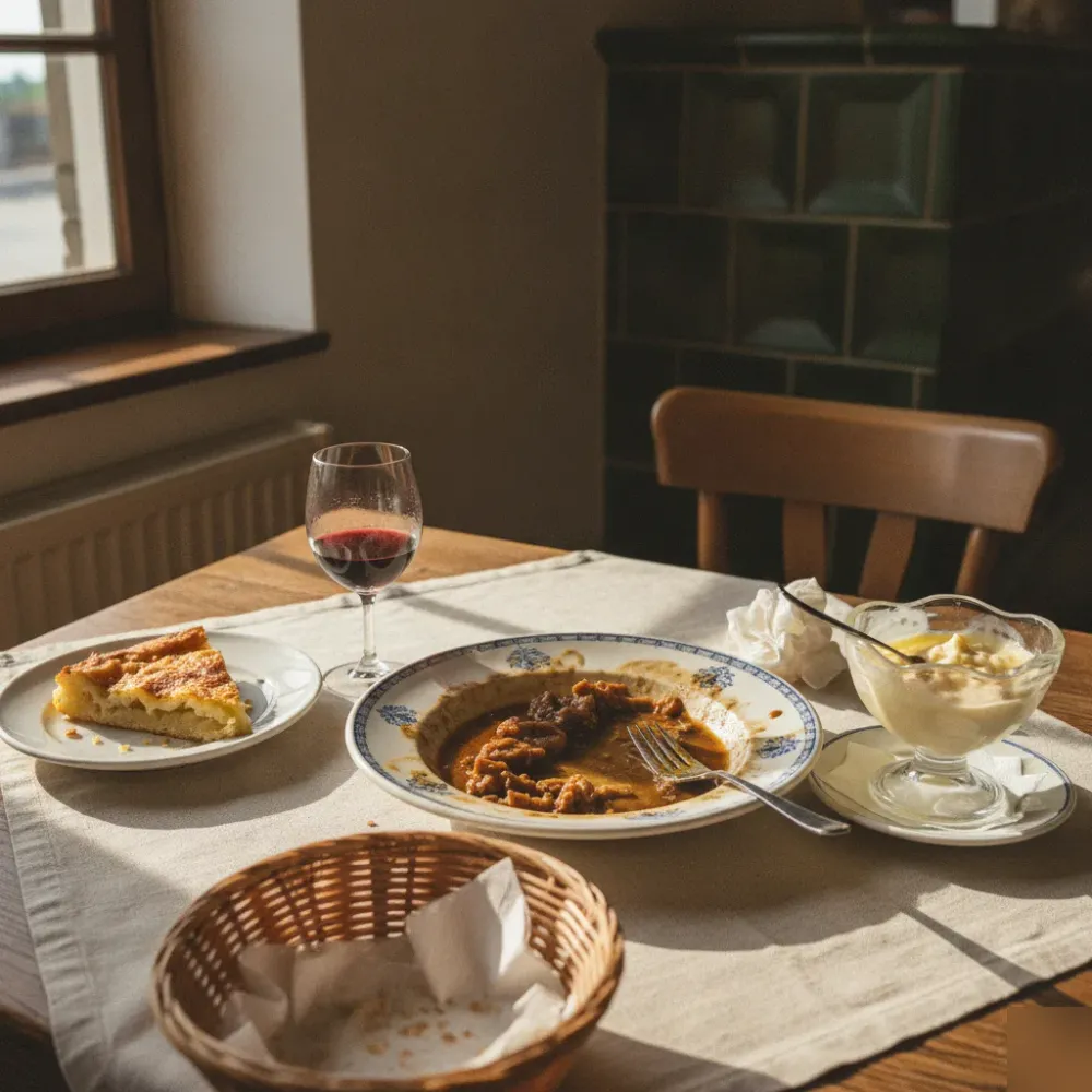 schwaebische-speisen-tisch-kutteln-dessert-remshalden Gedeckter Tisch mit schwäbischen Speisen in einem Restaurant in Remshalden