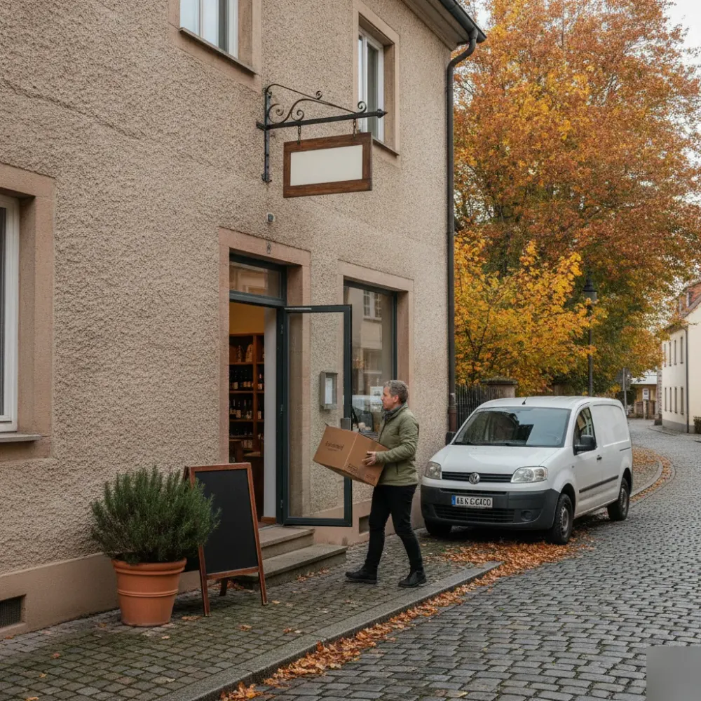 weinhandlung-remshalden-ladenfront-lieferung-remstaler-strasse Weinhandlung Ladenfront in Remshalden mit Liefervan und Person auf Kopfsteinpflaster
