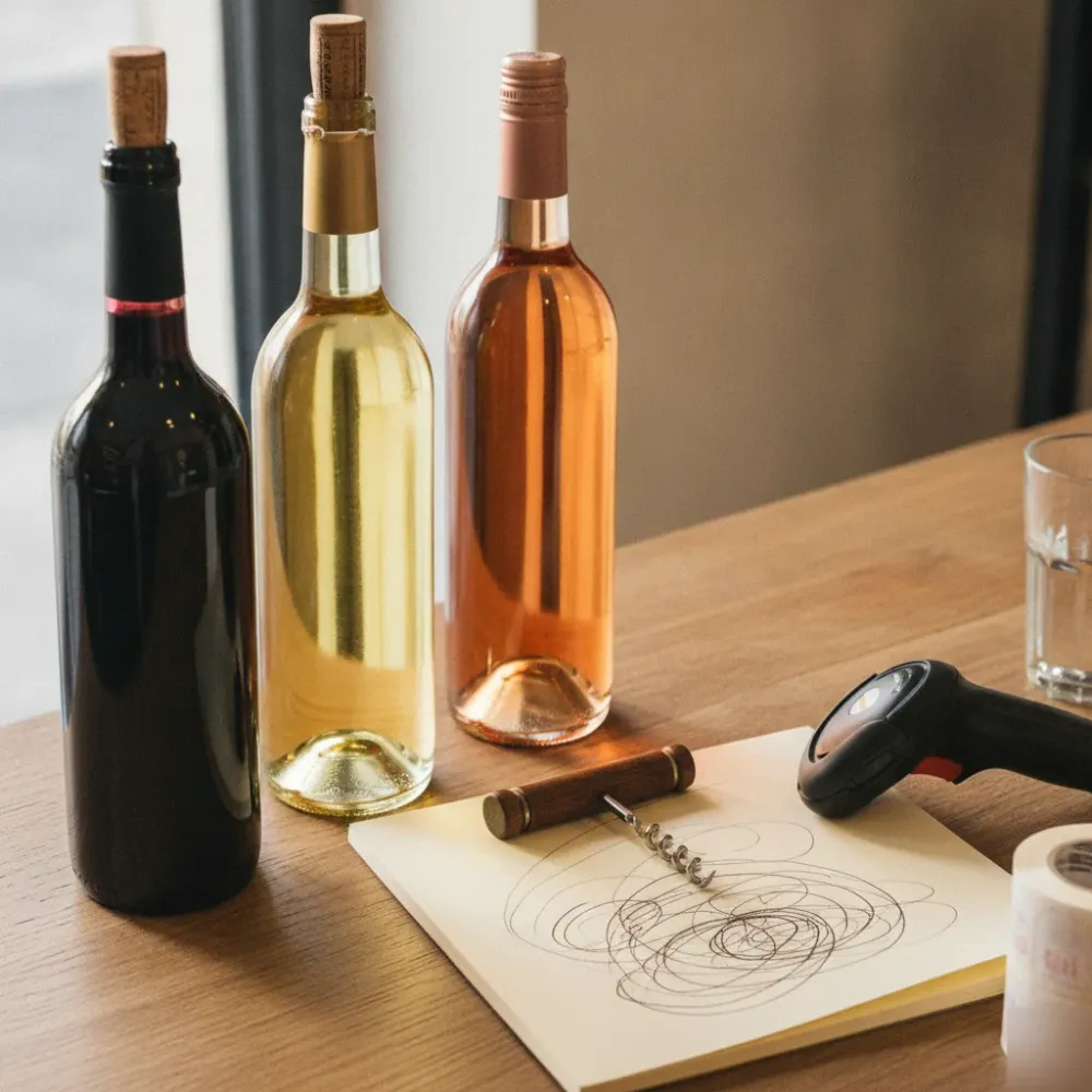 weinhandlung-remshalden-weinflaschen-trollinger-riesling-rose-detail Weinflaschen Rotwein Weißwein Rosé auf Arbeitsfläche einer Weinhandlung Remshalden