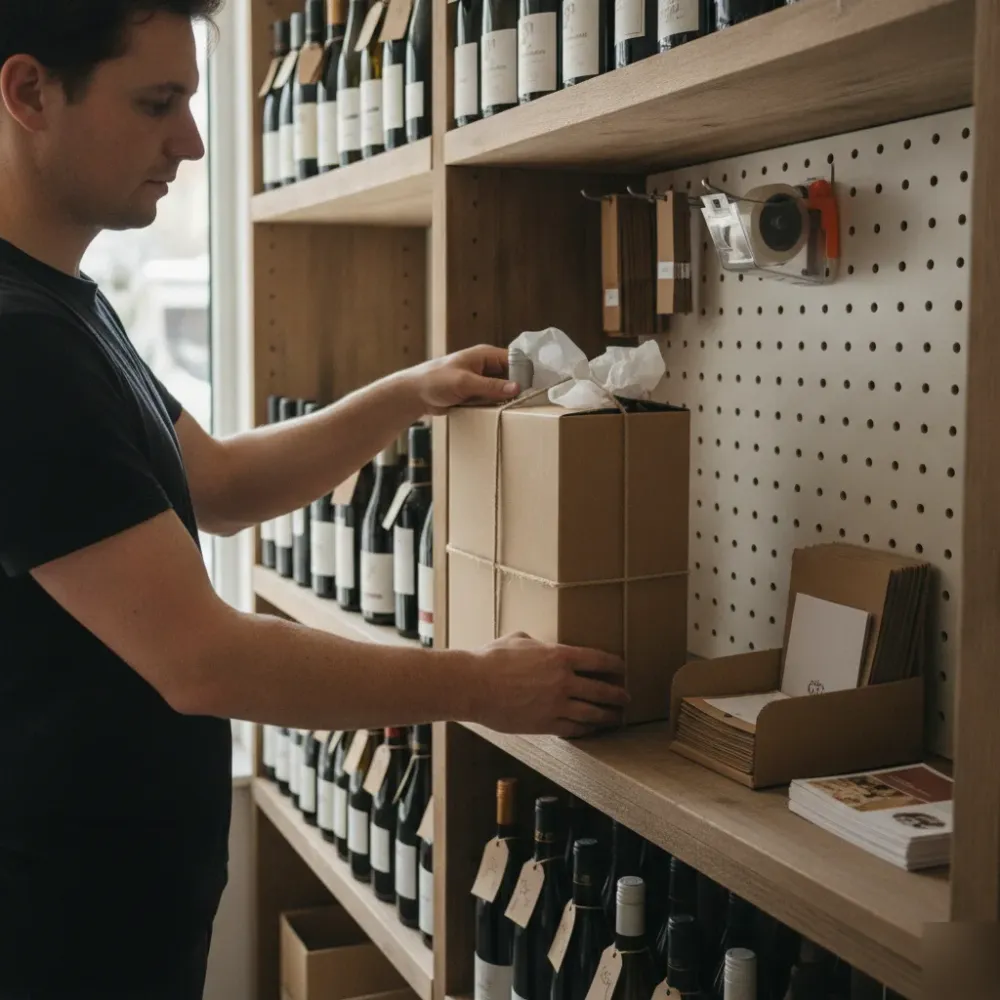 weinhandlung-remshalden-weingeschenk-geschenkbox-regal Weingeschenk-Box mit zwei Flaschen wird in Weinhandlung Remshalden auf Regal gestellt