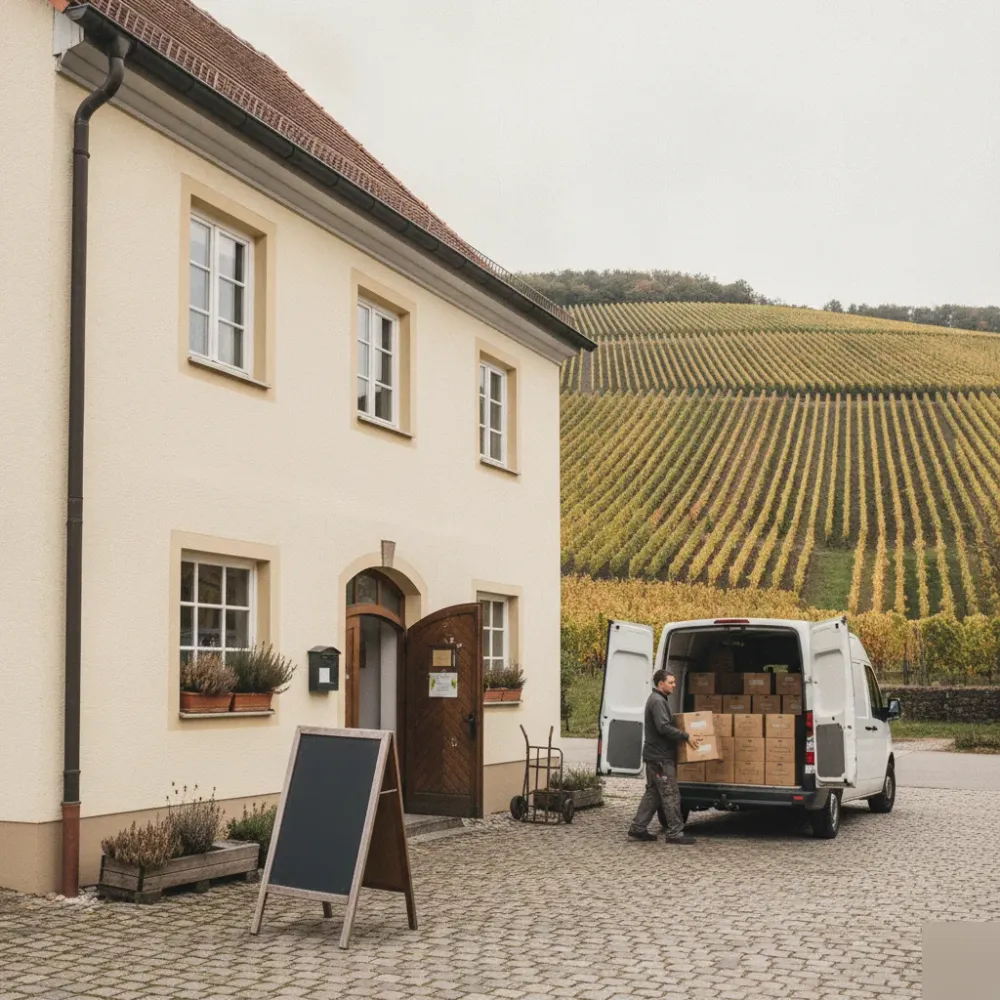 weinkellerei-gebaeude-remshalden-weinberge-lieferwagen Weinkellerei-Gebäude in Remshalden mit Lieferwagen und Weinberghängen im Hintergrund.