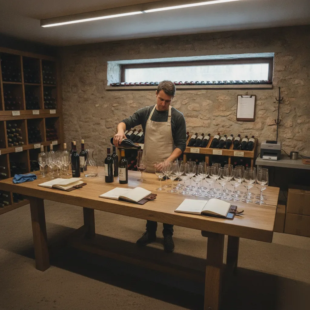 Weinkellereiverkostungsraum in Remshalden mit offenen Flaschen und Weingläsern auf Eichentisch.