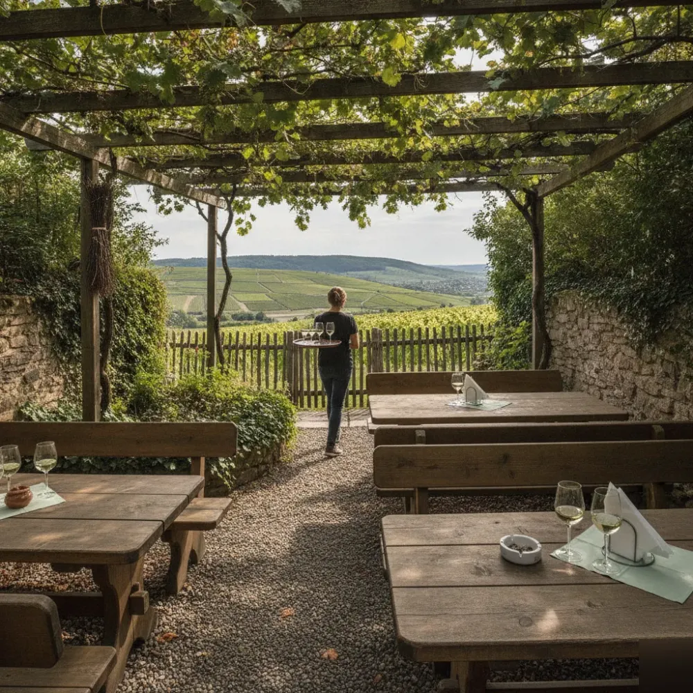 weinstube-sommersitzplaetze-pergola-weinberg-remshalden Sommerterrasse einer Weinstube mit Pergola und Weinbergen Remshalden